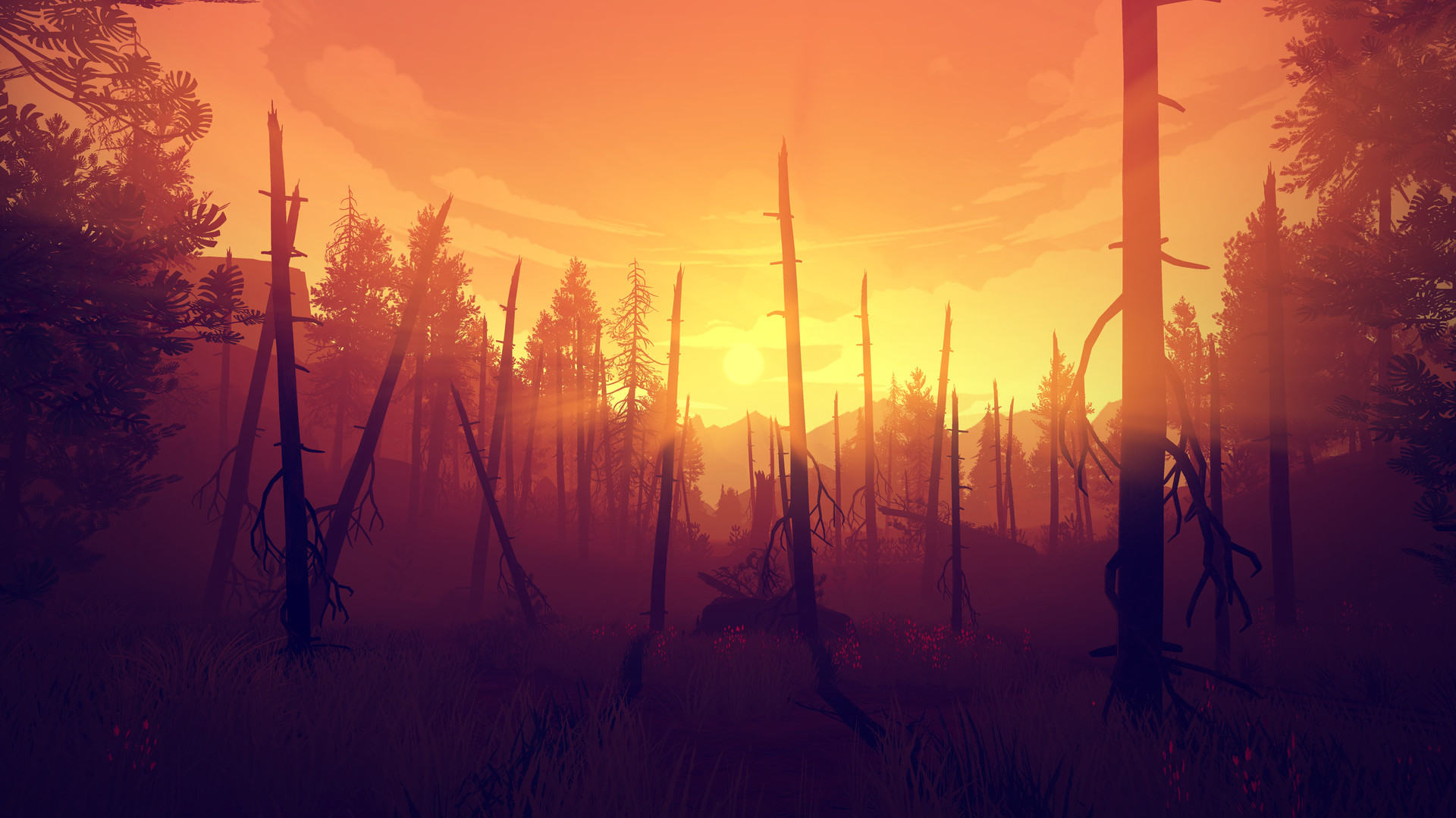 Forêt au coucher du soleil dans Firewatch
